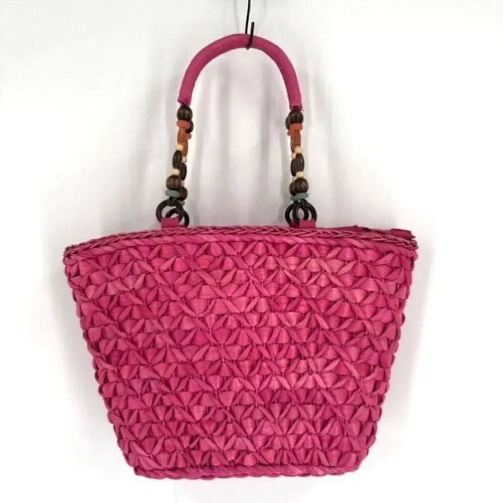 NWT Barney’s NY Pink Straw‎ Beaded Handle Tote Bag